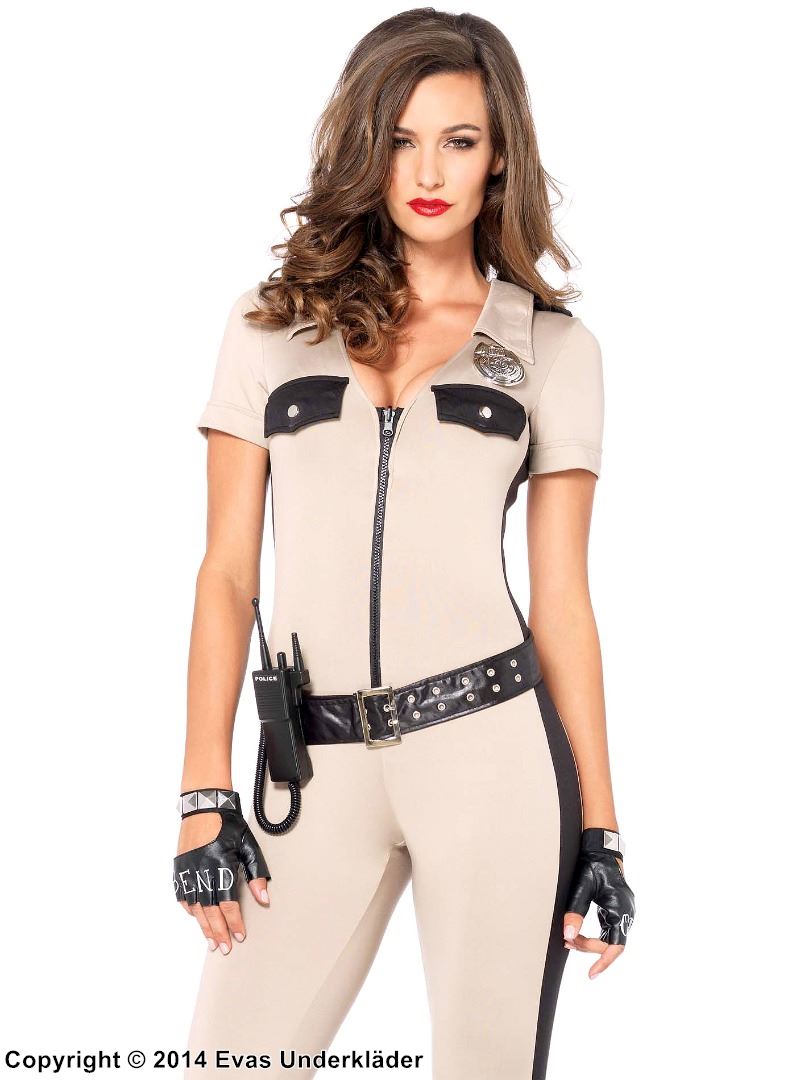 Kvinnlig biträdande sheriff, maskerad-jumpsuit med dragkedja på framsidan och bälte